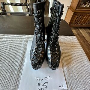 Tripp NYC Black Lace-Up Platform Combat Boots with Metal Hardware